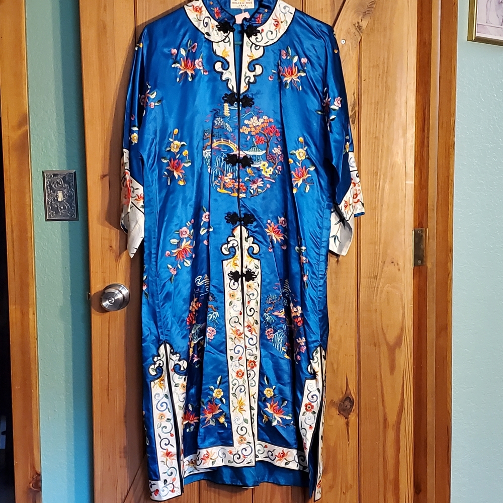 Blue Embroidered Satin Top with Floral Motif